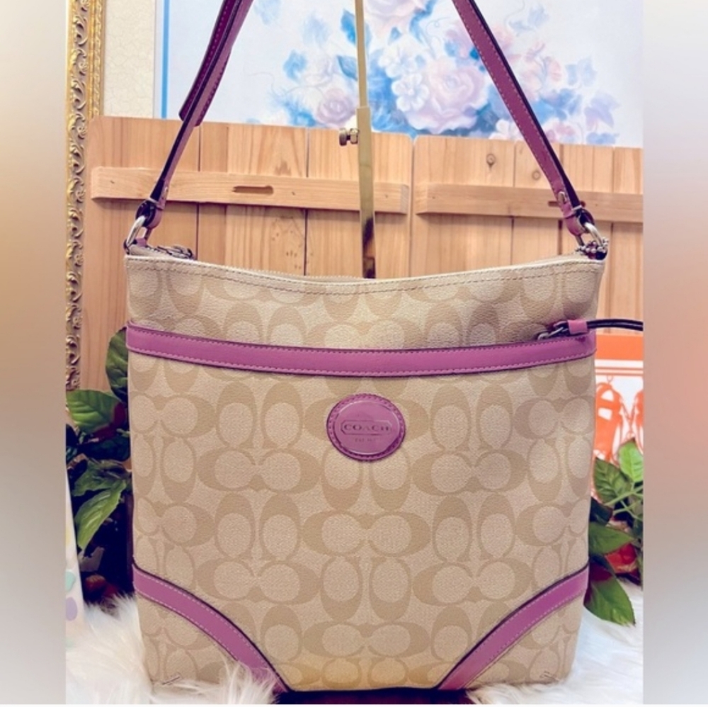 Coach Beige Signature Canvas Shoulder Bag with Pink Leather Trim